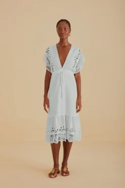 FARM Rio Off-White Embroidered Guipure Euroflax™ Premium Linen Midi Dress