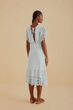 FARM Rio Off-White Embroidered Guipure Euroflax™ Premium Linen Midi Dress