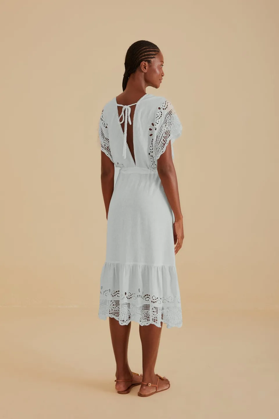 FARM Rio Off-White Embroidered Guipure Euroflax™ Premium Linen Midi Dress