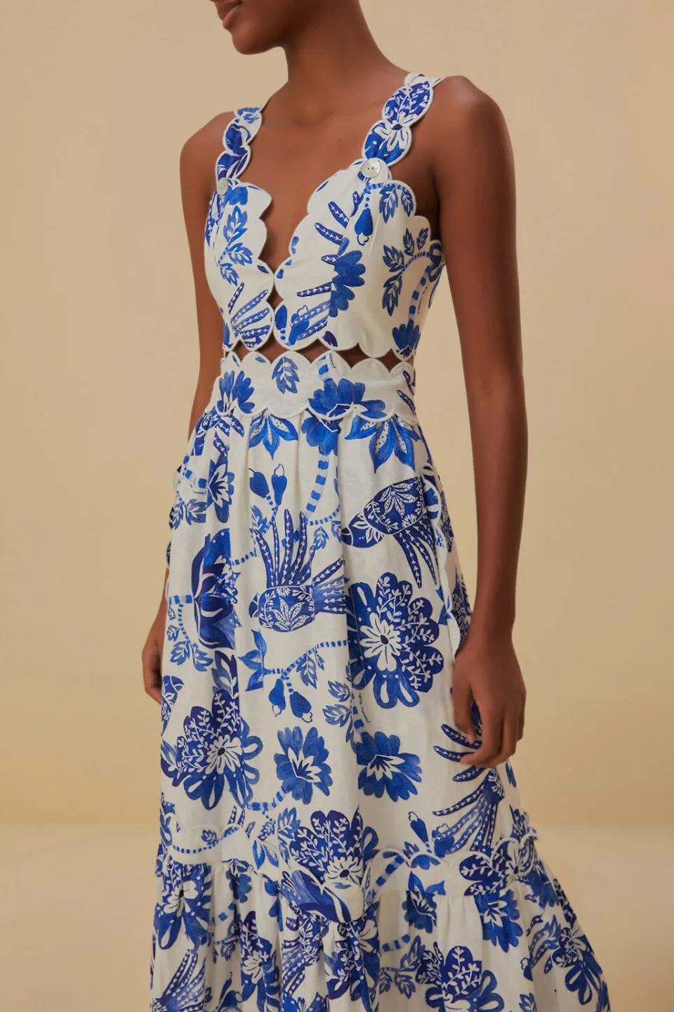 FARM Rio Off-White Flowerful Birds Lenzing™ Ecovero™ Euroflax™ Midi Dress Clearance