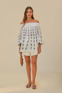FARM Rio Off-White Graphic Fishes Off-Shoulder Blouse Sale