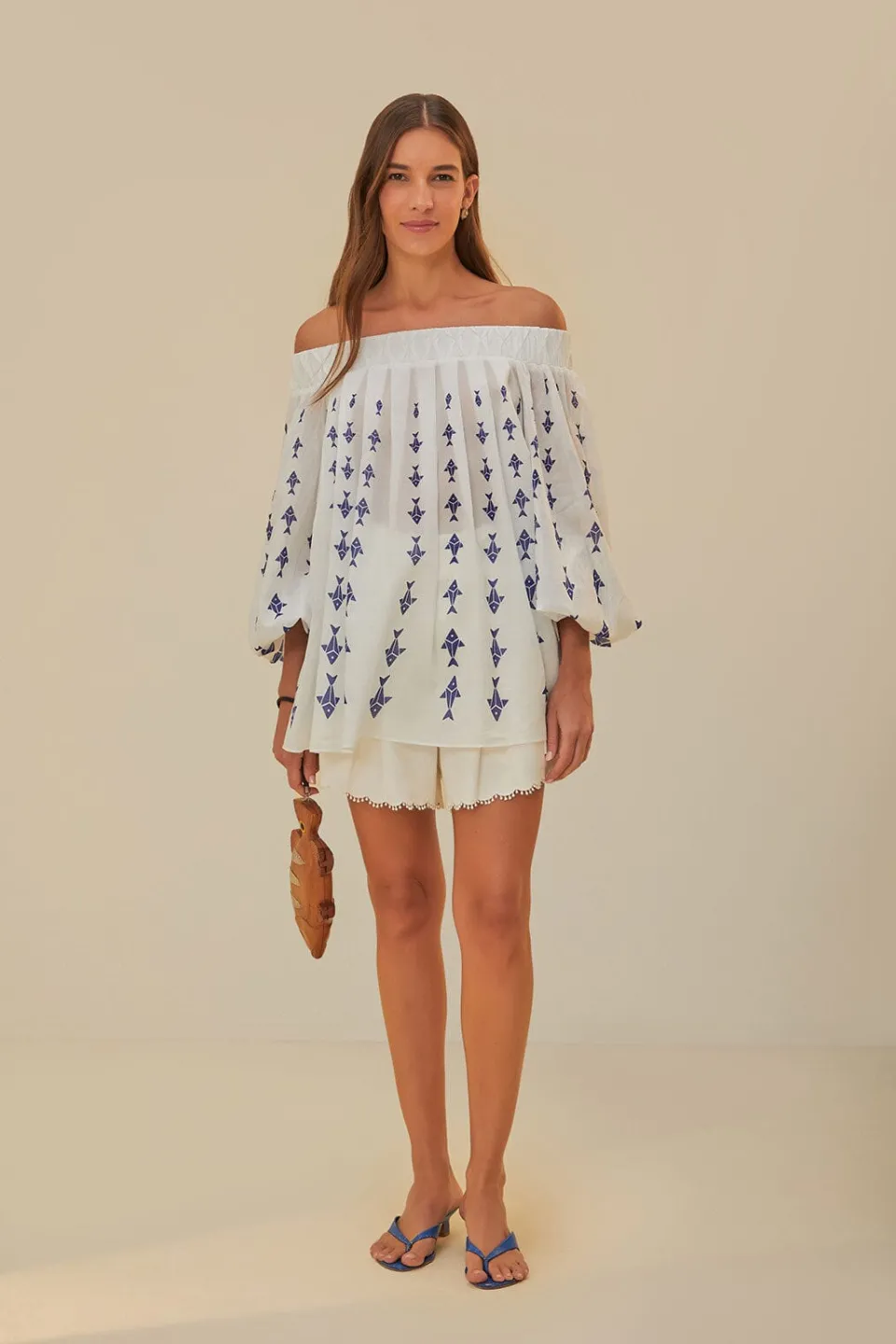 FARM Rio Off-White Graphic Fishes Off-Shoulder Blouse Sale