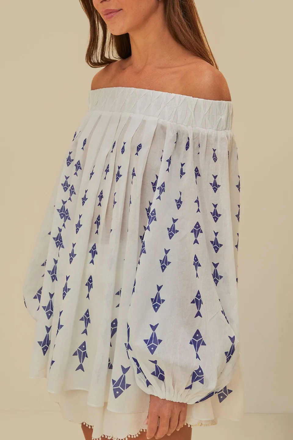 FARM Rio Off-White Graphic Fishes Off-Shoulder Blouse Sale