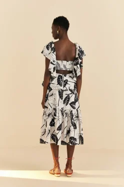 FARM Rio Off-White Graphic Leaves Midi Dress