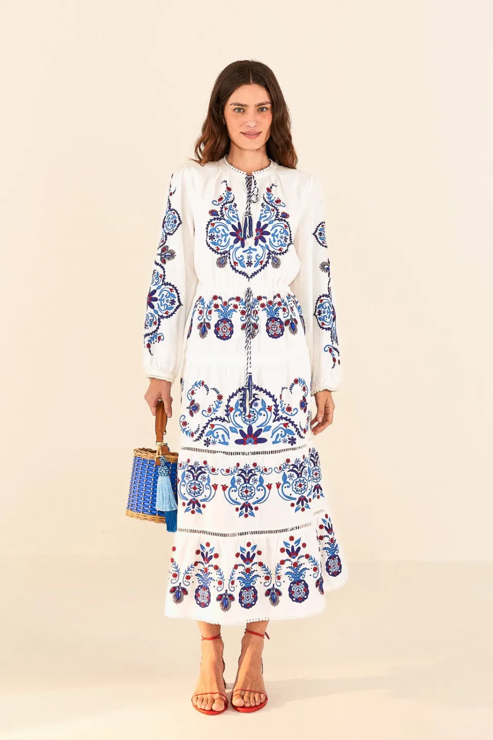 FARM Rio Off-White Navy Embroidered Midi Dress