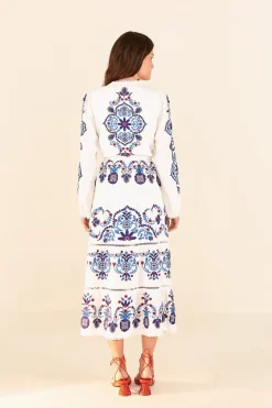 FARM Rio Off-White Navy Embroidered Midi Dress