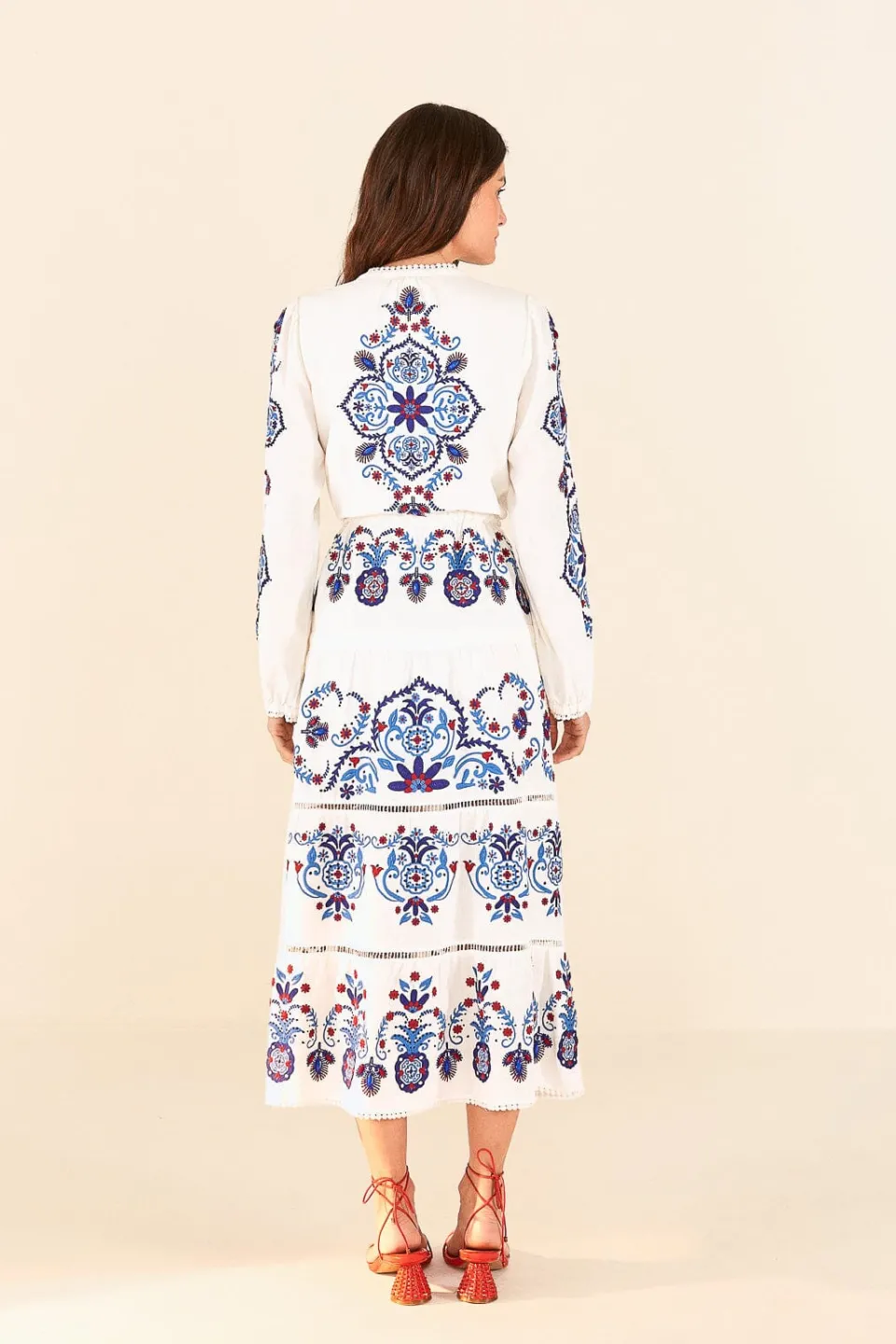 FARM Rio Off-White Navy Embroidered Midi Dress