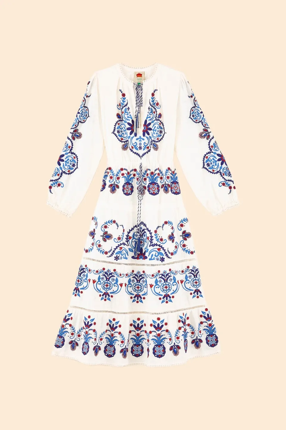 FARM Rio Off-White Navy Embroidered Midi Dress