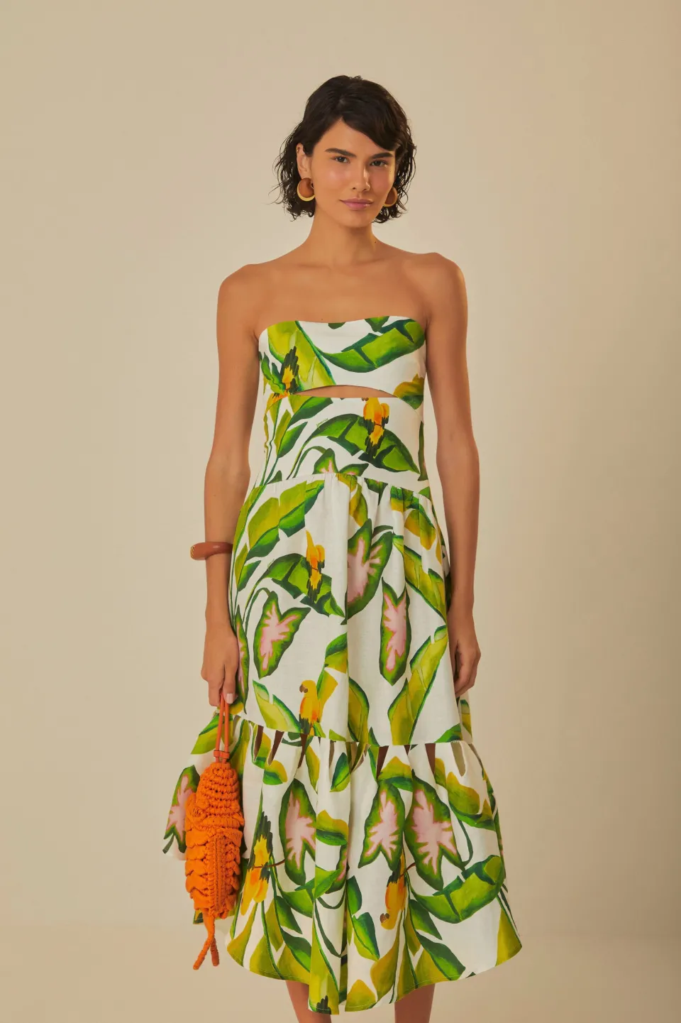 FARM Rio Off-White Summer Foliage Euroflax™ Premium Linen Midi Dress Best