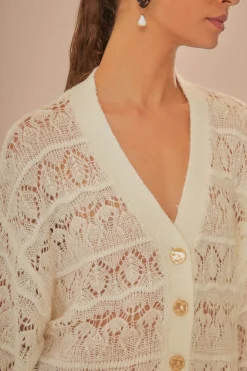 FARM Rio Off-White Textured Knit Cardigan New