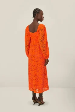 FARM Rio Orange Lace Long Sleeve Midi Dress Best