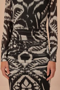 FARM Rio Pineapple Ikat Black Tulle Midi Dress Hot