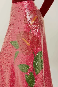 FARM Rio Pink Anthurium Flowers Sequins Midi Skirt Clearance