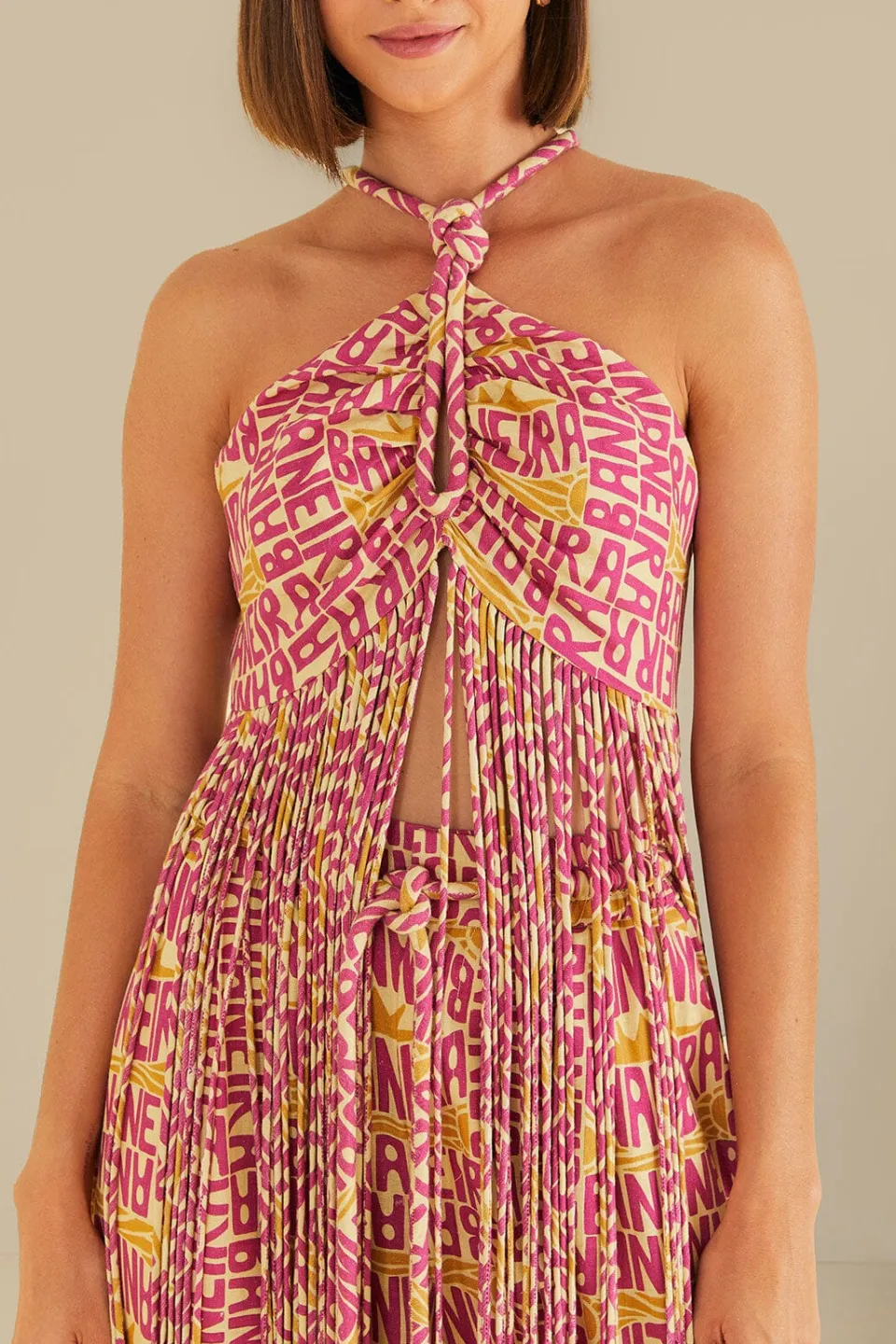 FARM Rio Pink Typographic Banana Fringe Top