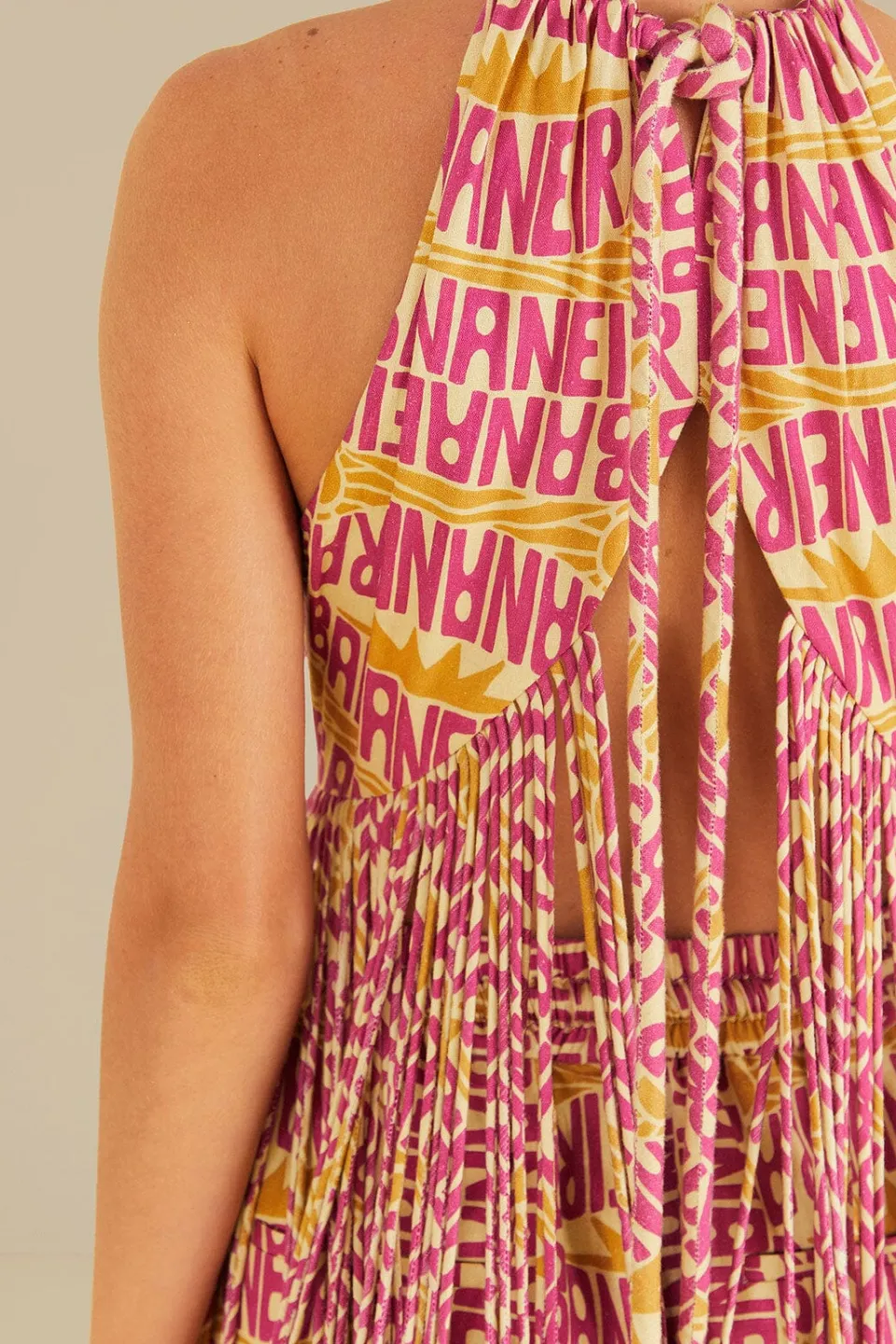 FARM Rio Pink Typographic Banana Fringe Top
