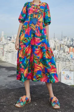 FARM Rio Puff Sleeve MIDI DRESS | Blue Bananamix Print Clearance