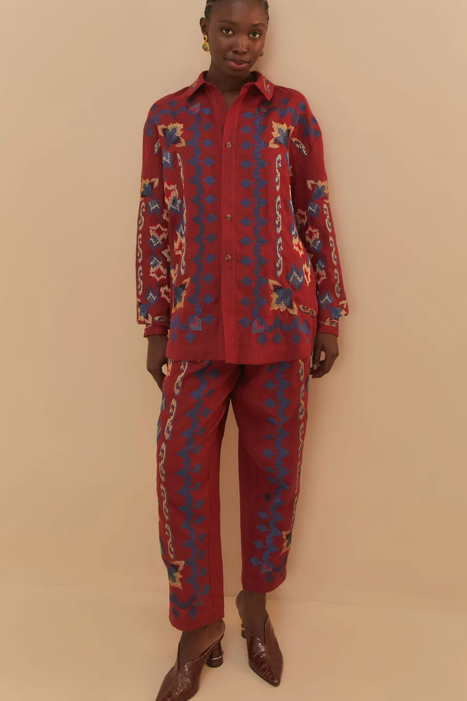 FARM Rio Red Floral Embroidery Jacquard Pants