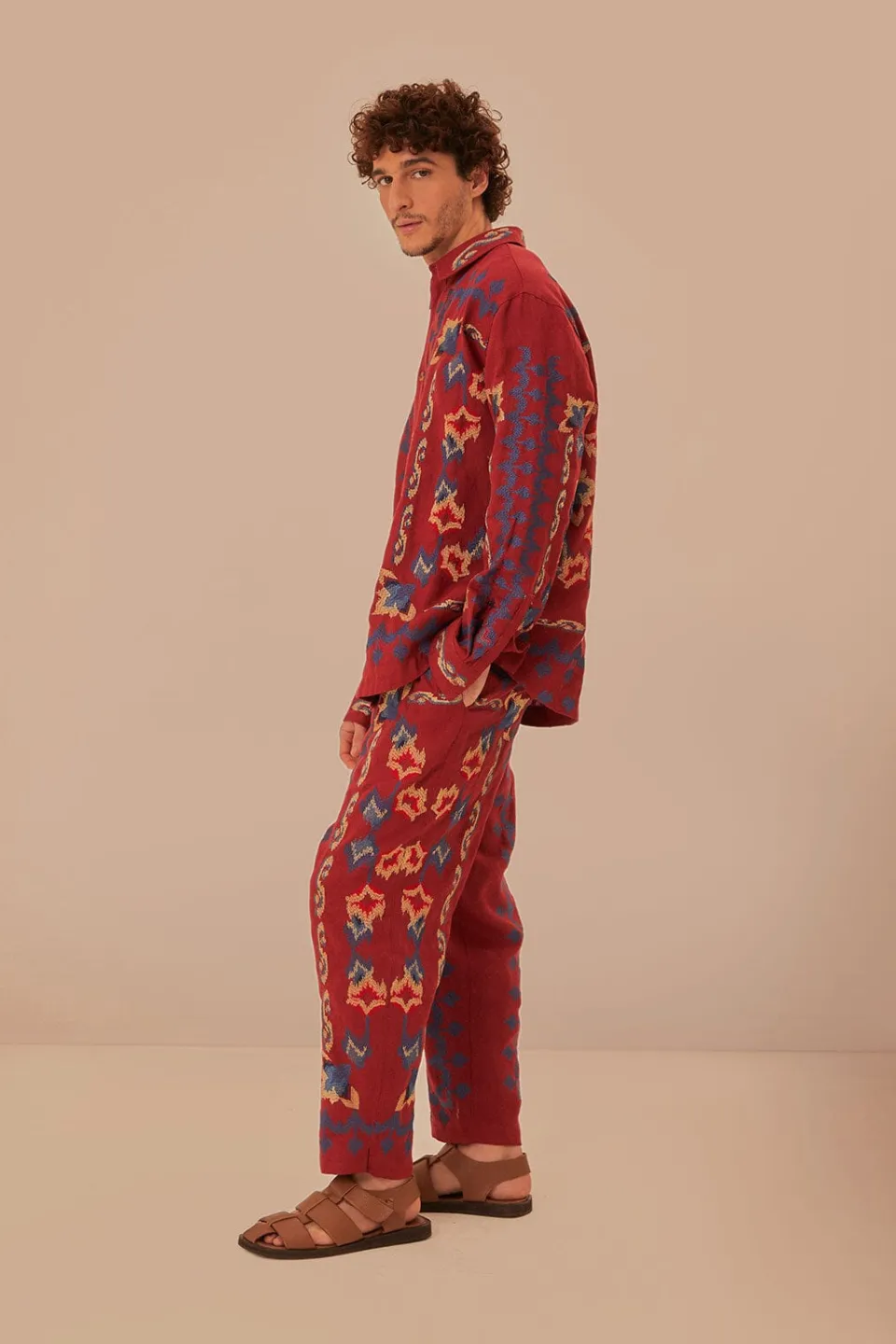 FARM Rio Red Floral Embroidery Jacquard Pants