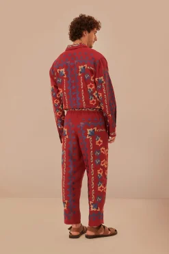 FARM Rio Red Floral Embroidery Jacquard Pants
