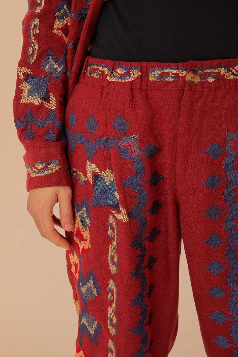 FARM Rio Red Floral Embroidery Jacquard Pants