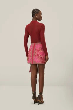 FARM Rio Red Floral Glam Scarf Tie Gathering Mini Skirt Online
