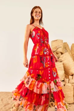 FARM Rio Red Mixed Fruits Ocean Maxi Dress New