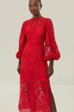FARM Rio Red Nature Guipure Midi Dress Sale