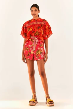 FARM Rio Red Secret Garden Organic Cotton Blouse New