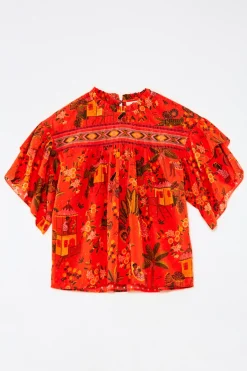 FARM Rio Red Secret Garden Organic Cotton Blouse New