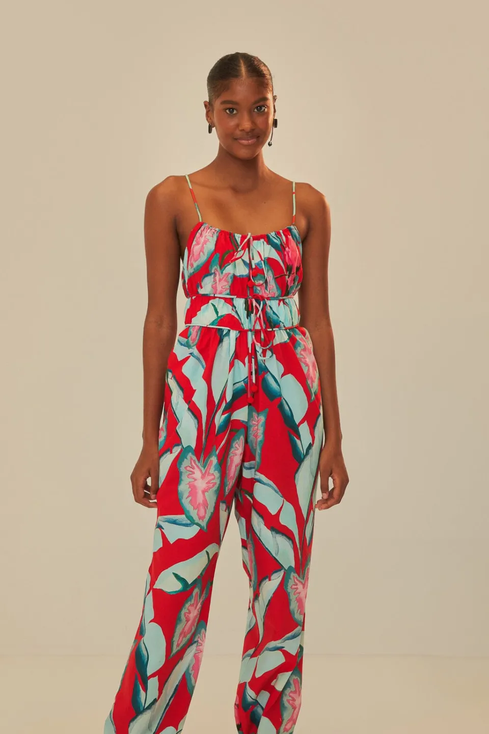 FARM Rio Red Summer Foliage Organic Cotton Jumpsuit Discount