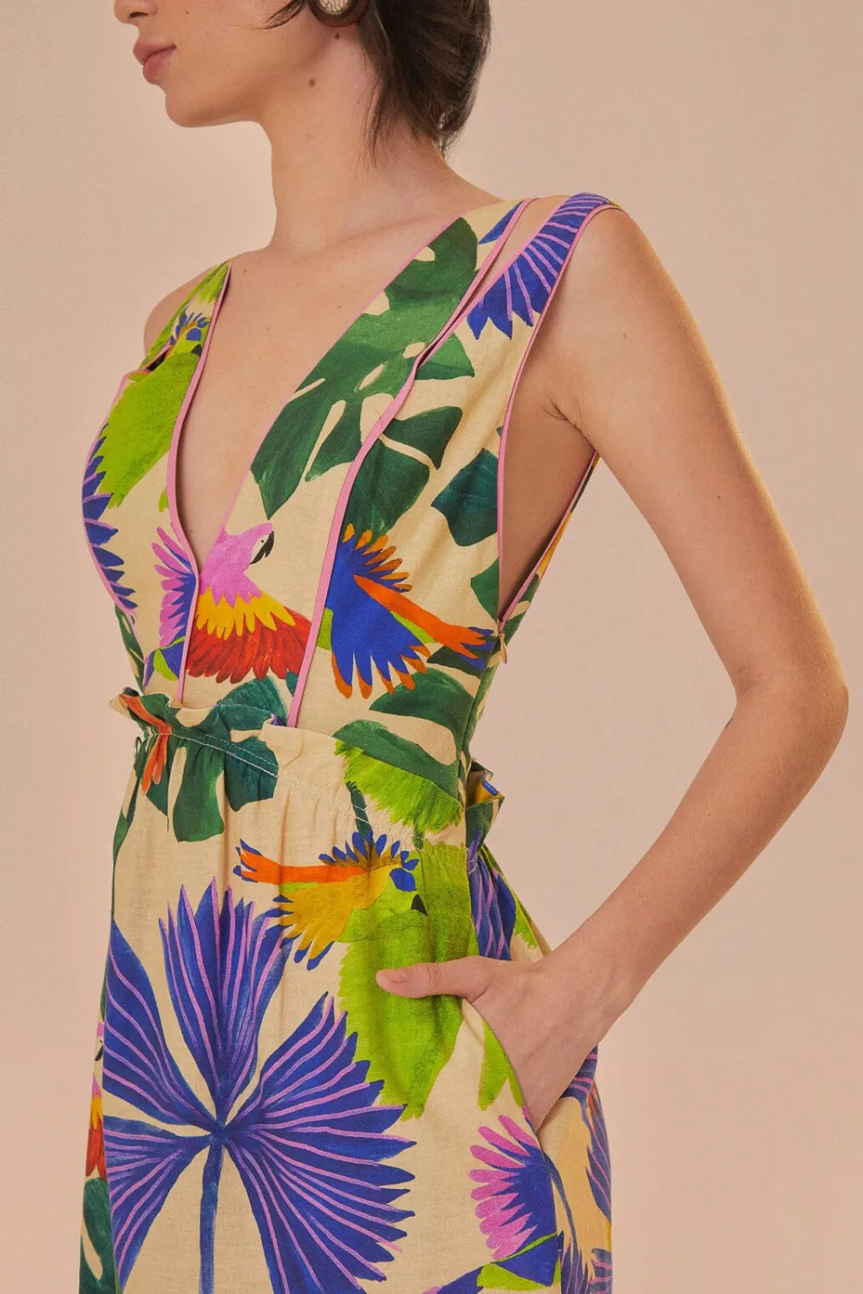 FARM Rio Sand Macaw Jungle V Neck Midi Dress Best