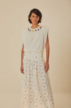FARM Rio White Daisy 3D Flower Embroidered Maxi Skirt Sale