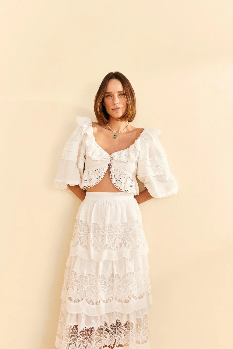 FARM Rio White Lace Midi Skirt New