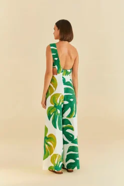 FARM Rio White Monstera One Shoulder Jumpsuit Clearance
