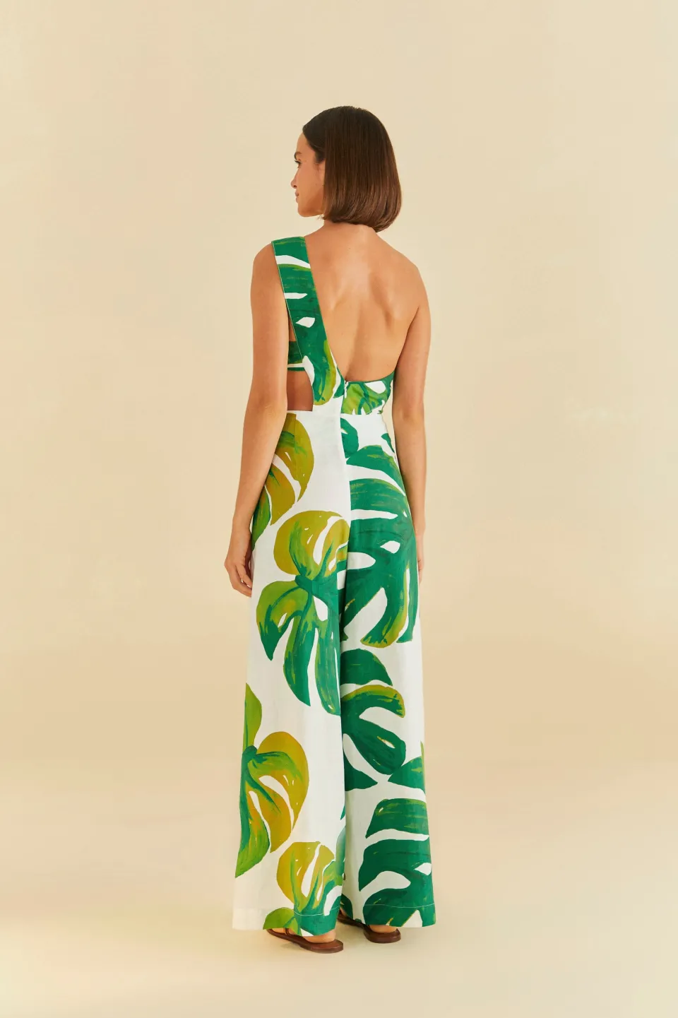 FARM Rio White Monstera One Shoulder Jumpsuit Clearance
