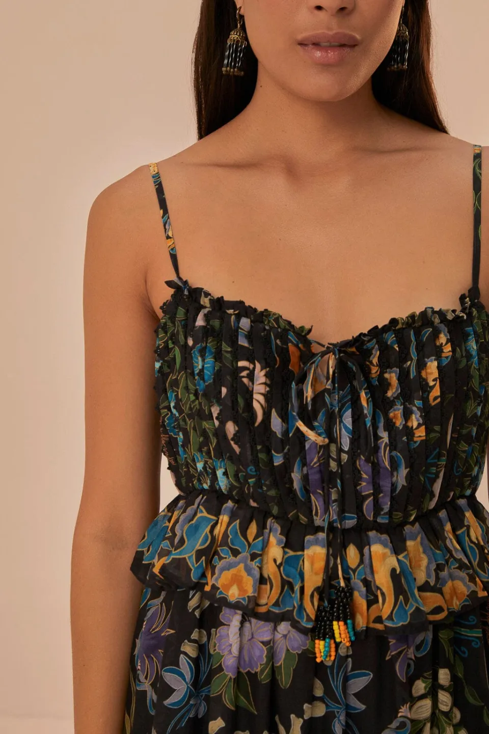 FARM Rio Winter Garden Black Pleated Lace Sleeveless Midi Dress Hot