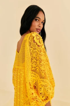 FARM Rio Yellow Guipure Midi Dress